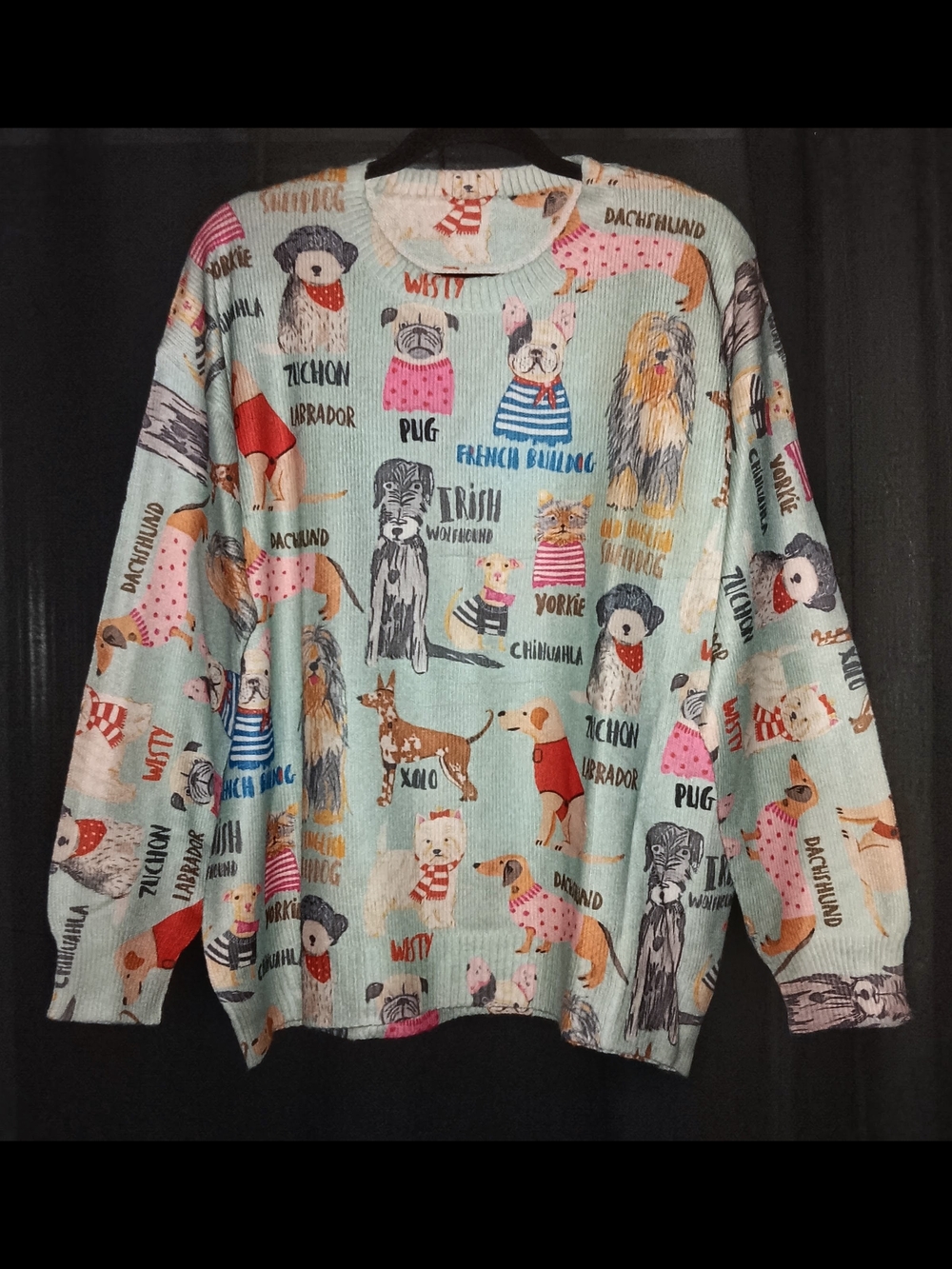 🐾Women's Light Blue, Italian Knit, XL, Adorable Dog Print Crewneck Sweater!